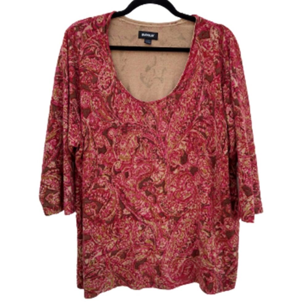 Avenue Womens 26 /28 Sweater Scoop Neck 3/4 Sleeve Pink Brown Abstract Pattern